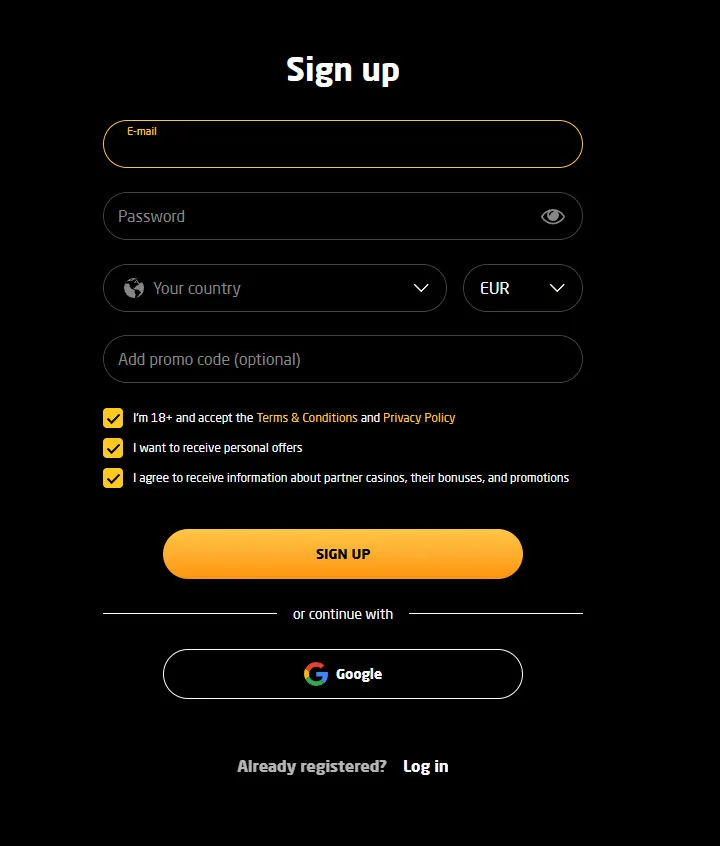 Stay Casino sign up form
